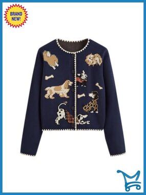Cropped Knit Cardigan Sweater Cute Animal Pattern Crew Neck Button